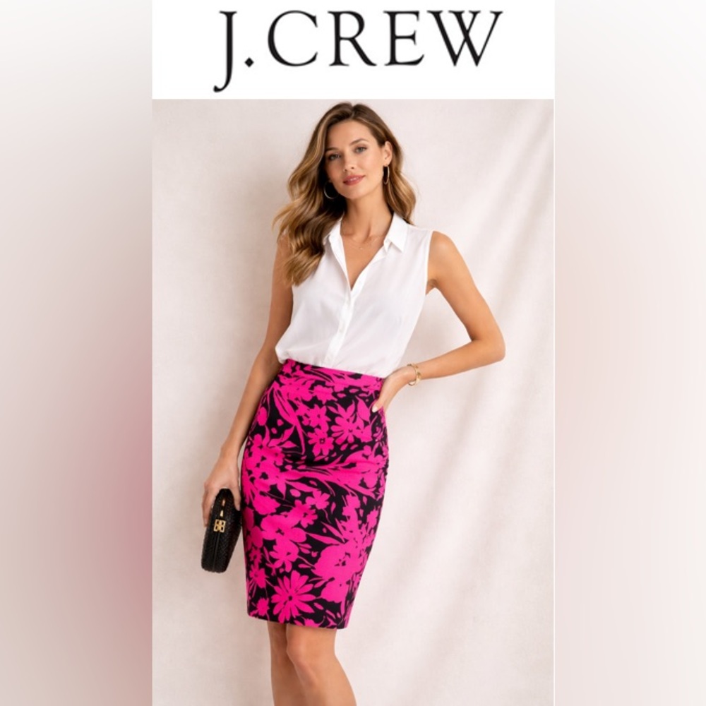 J. Crew Floral Basketweave Navy & Fuchsia Pink Floral Cotton Pencil Skirt Size 6